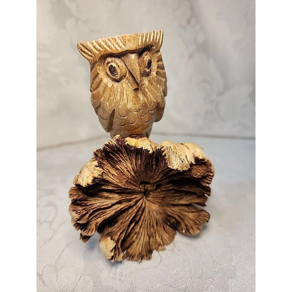 Handcrafted Owl Figurine Carved On Parasite Burl Wood,Excellent Cond.